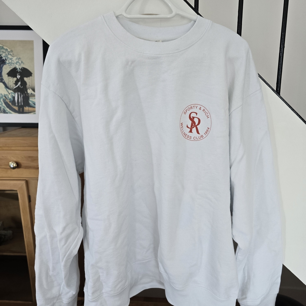 Sporty And RICH hite Crewneck Sweater with Red Logo, LARGE